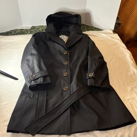 Calvin Klein Ladies'Trench Coat Pockets Removable Hood, Black PL, 4 Buttons, Tie - Picture 1 of 16
